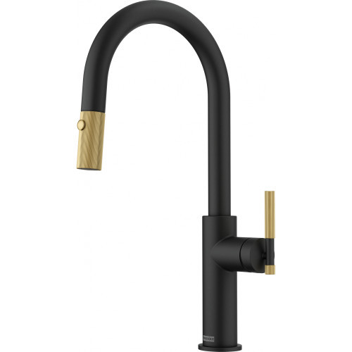 An image of Franke Maris Stripes J Pull Down Mixer Tap - Matt Black / Gold