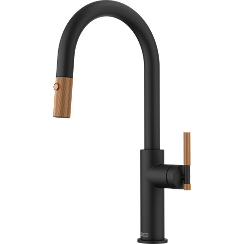 An image of Franke Maris Stripes J Pull Down Mixer Tap - Matt Black / Copper