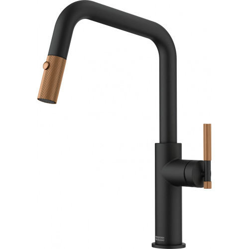 An image of Franke Maris Stripes U Pull Down Mixer Tap - Matt Black / Copper