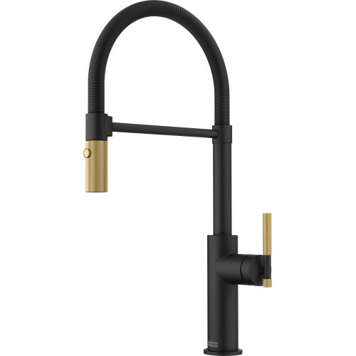 An image of Franke Maris Stripes Semi Pro Mixer Tap - Matt Black / Gold