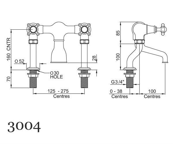 An image of Perrin & Rowe 3004 Deck Mounted Bath Filler Tap, Crosshead Handles