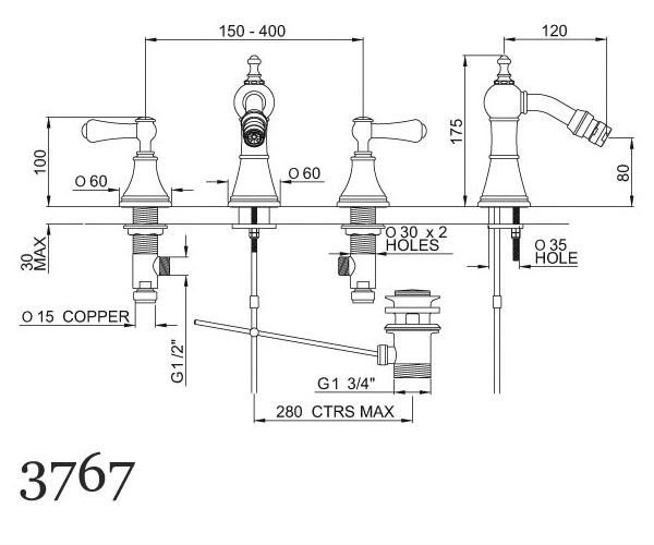 An image of Perrin & Rowe 3767 Three Hole Bidet Mixer Tap, Lever Handles