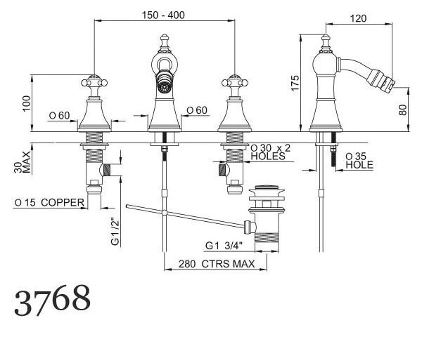An image of Perrin & Rowe 3768 Three Hole Bidet Mixer Tap, Crosshead Handles