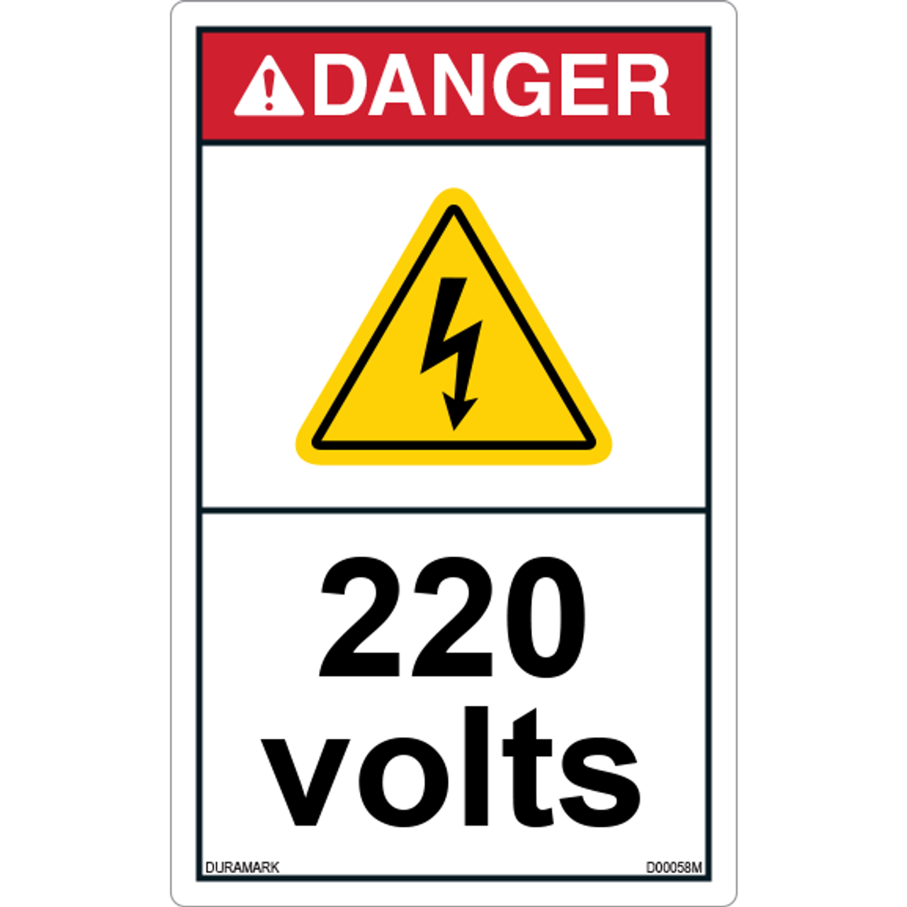 ANSI Safety Label - Danger - Electric Shock - 220 Volts - Vertical