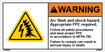 ANSI Safety Label Warning Arc/flash and Shock PPE NFPA 70E