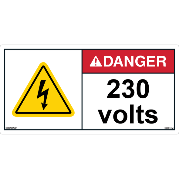 ANSI Safety Label - Danger - Electric Shock - 230 Volts - Horizontal