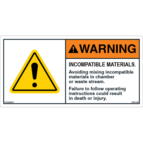 ANSI Safety Label - Warning - Incompatible Materials