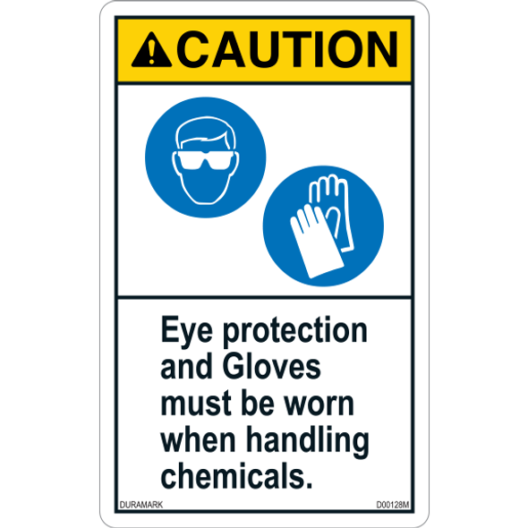 ANSI Safety Label - Caution - Chemical Safety - Eye Protection/Gloves - Vertical