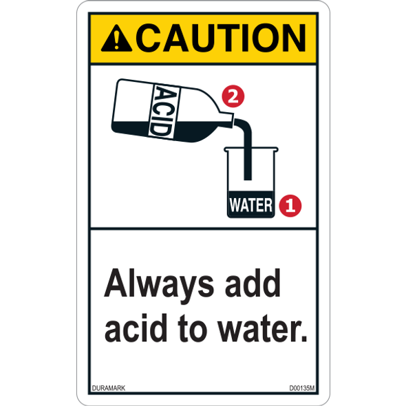 ANSI Safety Label - Caution - Chemical Safety - Always Add Acid to Water - Vertical