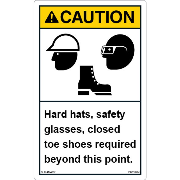 ANSI Safety Label - Caution - Hard Hat/Safety Glasses/Closed Toe Shoes - Vertical