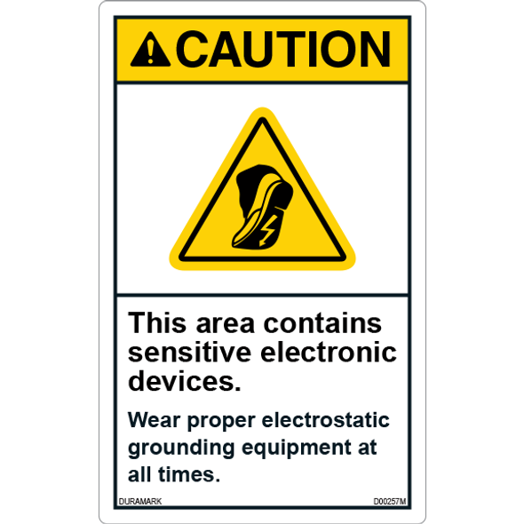 ANSI Safety Label - Caution - Sensitive Electronic Devices - Wear Grounding Equipment - Vertical