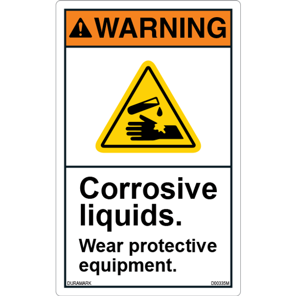 ANSI Safety Label - Warning - Corrosive Liquids - Wear Protective Equipment - Vertical