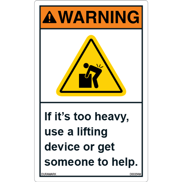 ANSI Safety Label - Warning - Heavy Object - Get Help - Vertical