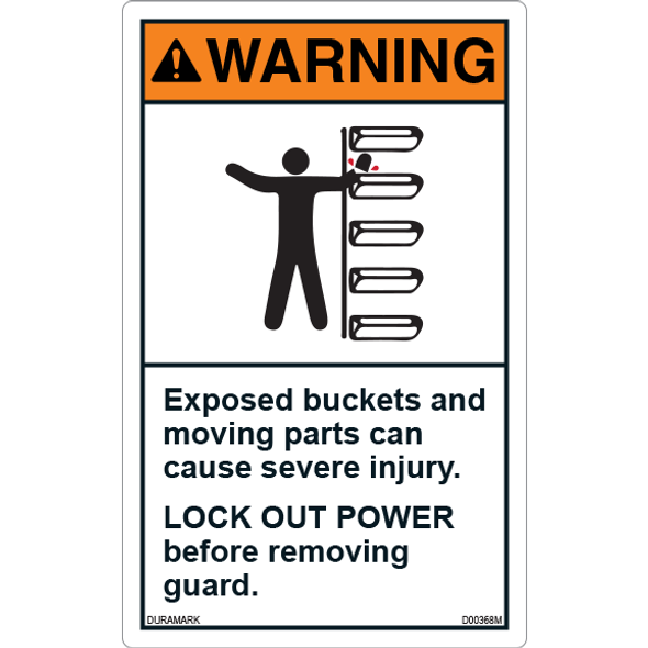 ANSI Safety Label - Warning - Conveyor Safety - Lock Out Power - Exposed Buckets - Vertical