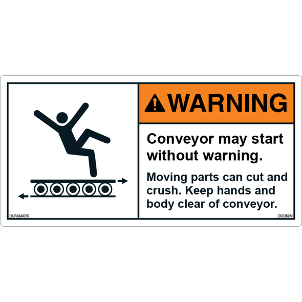 ANSI Safety Label - Warning - Conveyor Safety - Start Without Warning - Cut/Crush