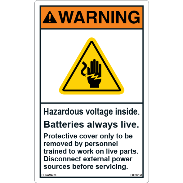 ANSI Safety Label - Warning - Hazardous Voltage Inside - Batteries Live - Vertical