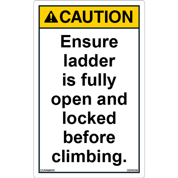 ANSI Safety Label - Caution - Ladder Safety - Ensure Fully Open and Locked - Vertical
