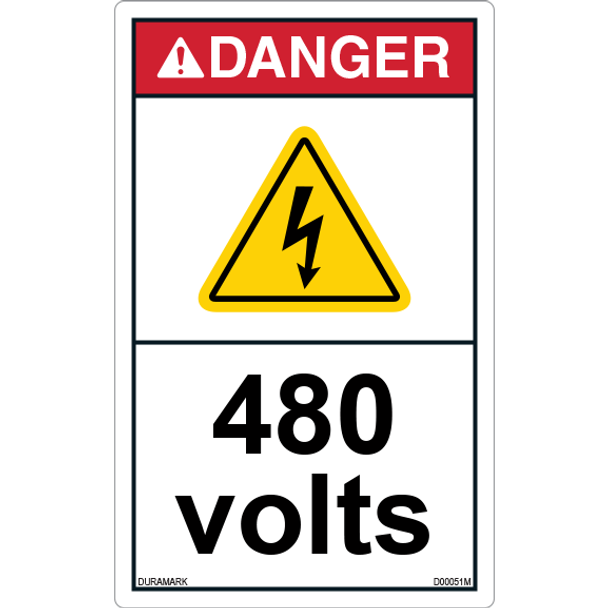 ANSI Safety Label - Danger - Electric Shock - 480 Volts - Vertical