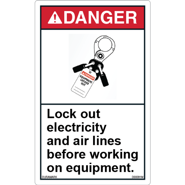 ANSI Safety Label - Danger - Lockout - Electricity and Air Lines - Vertical