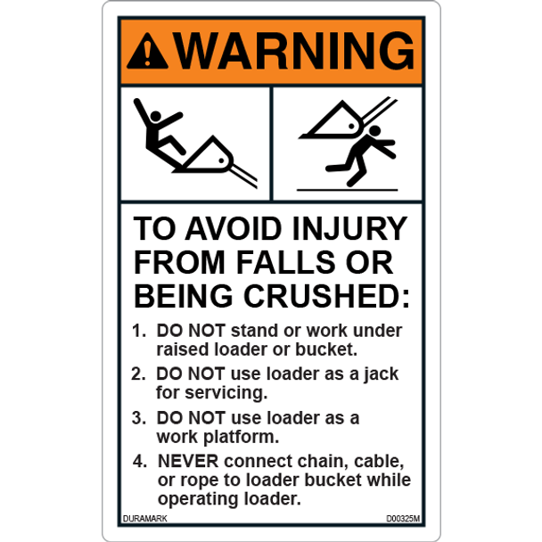 ANSI Safety Label - Warning - Backhoe and Excavator - Avoid Falls/Crushed - Vertical