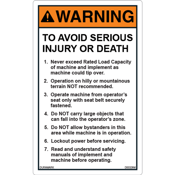 ANSI Safety Label - Warning - Backhoe and Excavator - Avoid Injury/Death - Vertical
