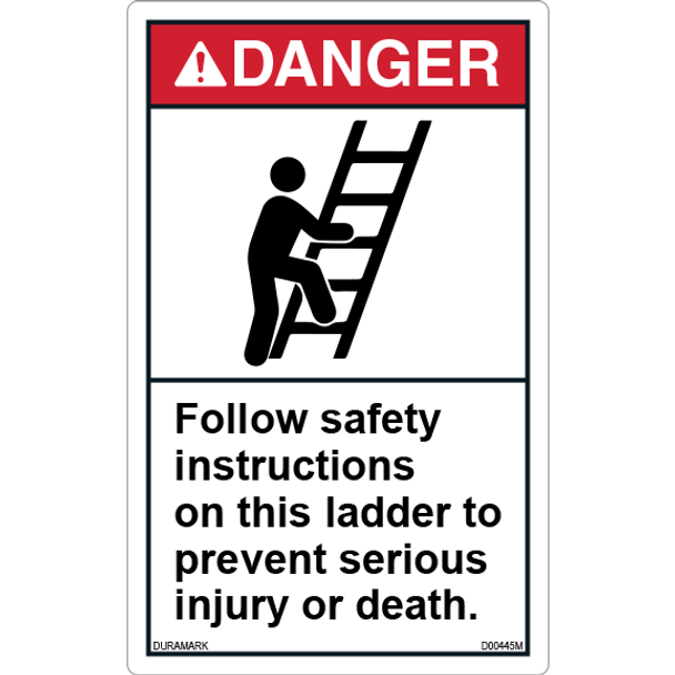 ANSI Safety Label - Danger - Ladder Safety - Follow Safety Instructions - Vertical