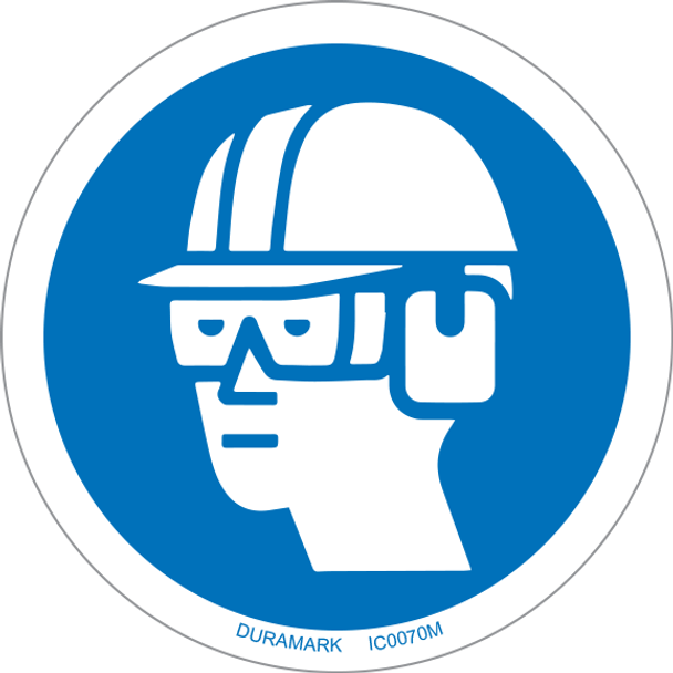 ISO safety label - Circle - Mandatory - Wear Hard Hat Chemical Goggles And Earmuffs