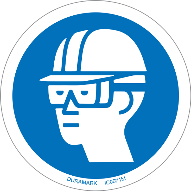 ISO safety label - Circle - Mandatory - Wear Hard Hat And Chemical Goggles