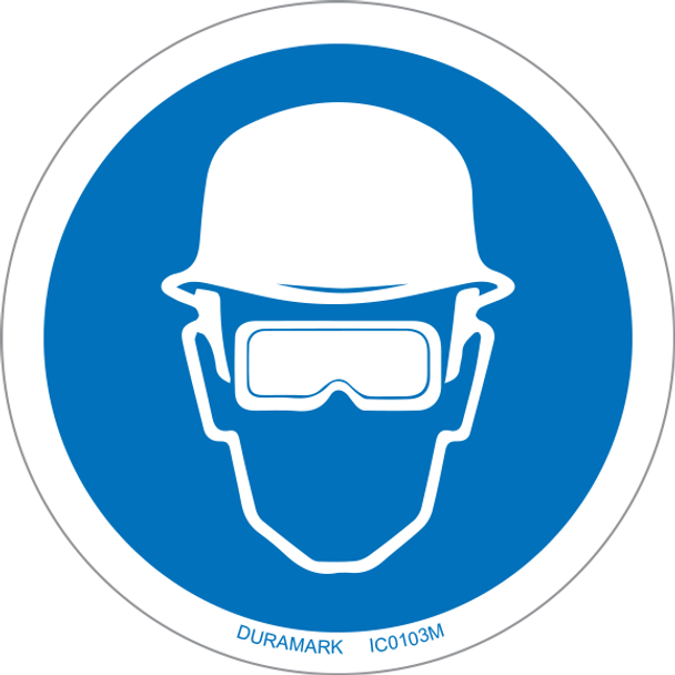 ISO safety label - Circle - Mandatory - Head And Eye Protection Required