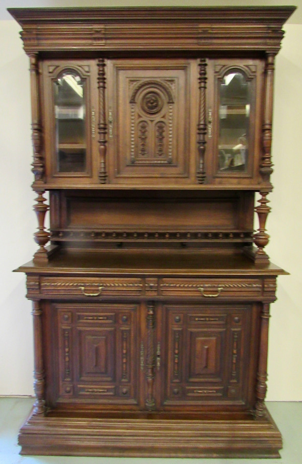 Early 20th Century Carved Antique English Two Piece Walnut Cupboard