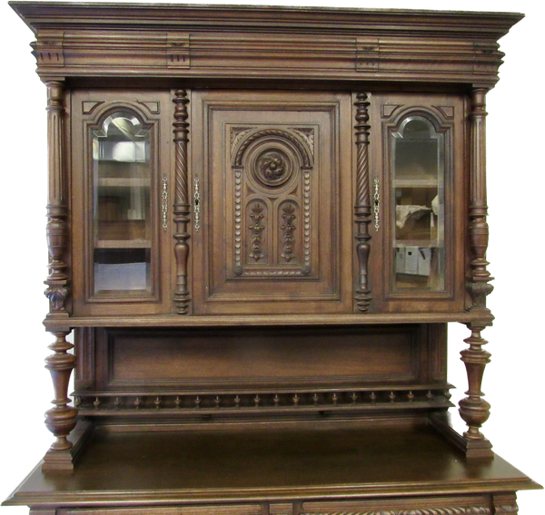 Early 20th Century Carved Antique English Two Piece Walnut Cupboard