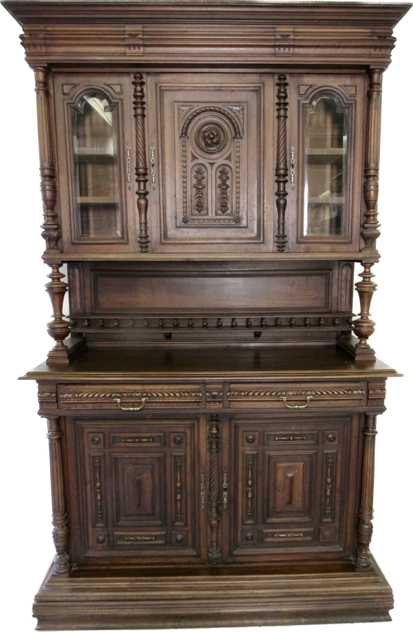 Early 20th Century Carved Antique English Two Piece Walnut Cupboard