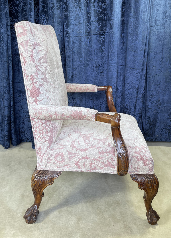 English Chippendale Highly Carved Open Arm Chair