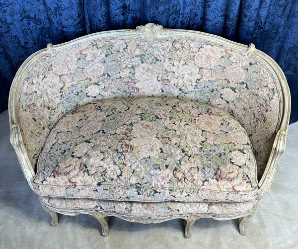 Painted Wood French Settee With Floral Print Fabric