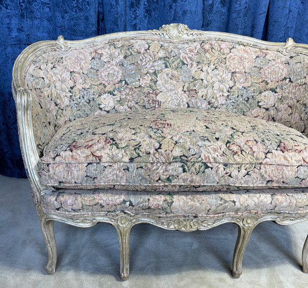 Painted Wood French Settee With Floral Print Fabric