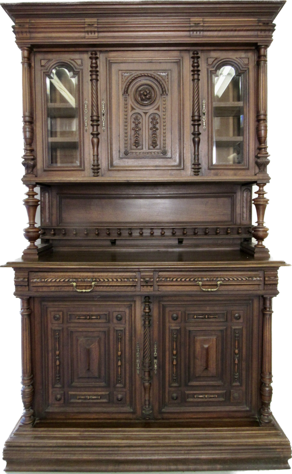 Early 20th Century Carved Antique English Two Piece Walnut Cupboard