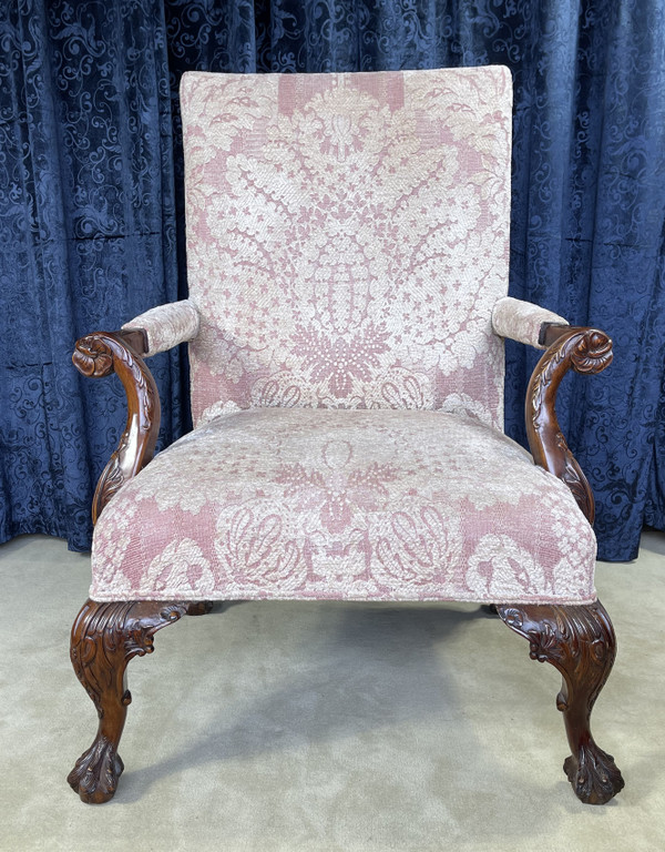English Chippendale Highly Carved Open Arm Chair