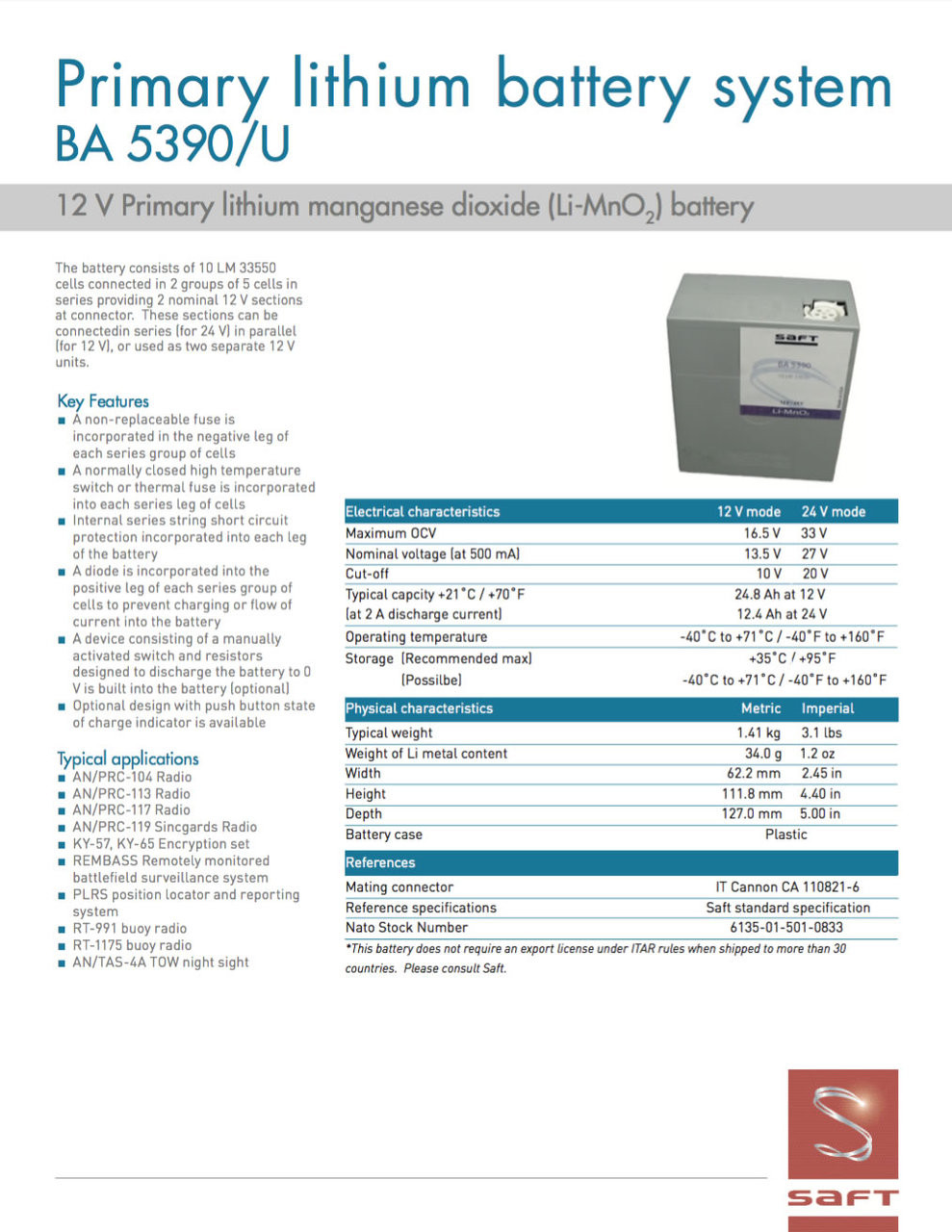 Saft BA-5390/U Battery - NSN 6135-01-501-0833