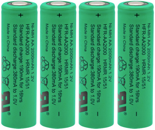 HFR-AA2000 NiMh AA 2000mAh Rechargeable Flat Top Battery - 4 Pieces