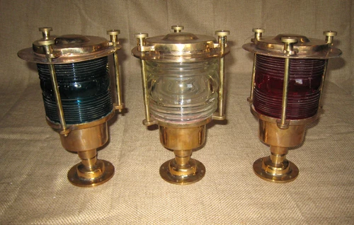 bronze pedestal dock lights with red, green and clear fresnel lens