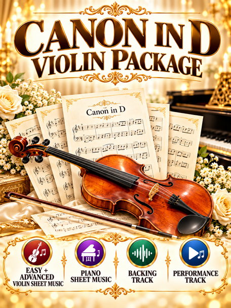 Canon in D violin package with easy and advanced sheet music, piano score, backing track and performance track
