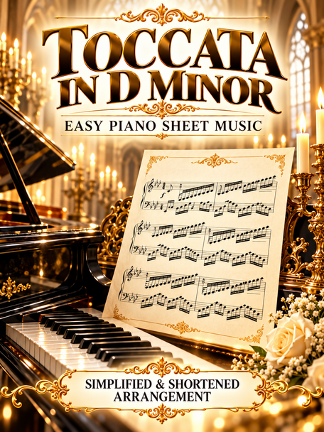 Easy Toccata in D Minor piano sheet music by J.S. Bach, simplified and shortened arrangement