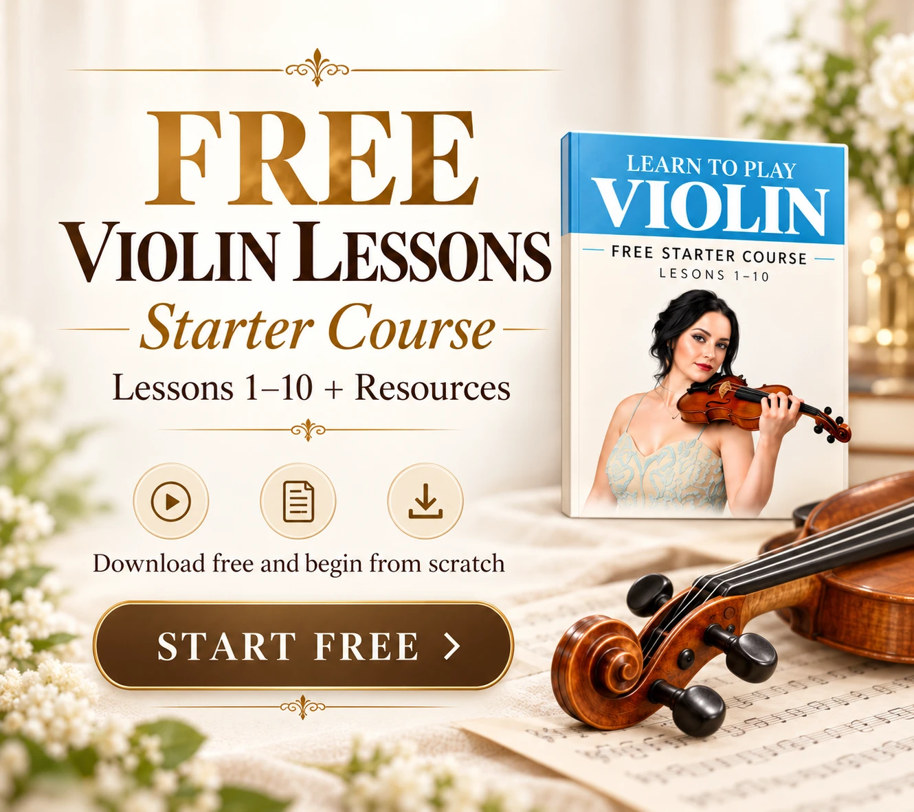 Free violin starter course with lessons 1 to 10 and downloadable beginner resources