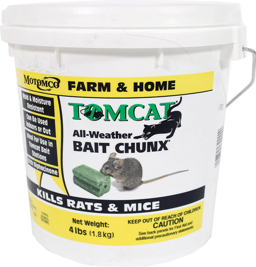 Tomcat all weather bait chunx. 4 LB Bucket -Contains the active ingredient bromadiolone each packet contains 1.5 oz.-Diphacinone-0.005pct inert ingredients-99.995pct.