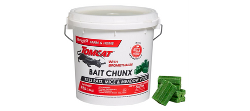 Product Details
Say goodbye to critters with this rodent control. Tomcat with Bromethalin Bait Chunx contain the active ingredient Bromethalin, excellent for proven control of high rodent populations and severe infestations. Made with food-grade ingredients, Bait Chunx kills rodents in 2+ days. with proven combination of palatability and effective control, Bait Chunx are the only way to go. See for yourself and give Bait Chunx a try today!

Excellent for knockdown of rodent populations and severe infestations
Bait Chunx offer proven combination of palatability and effective control
Bromethalin is an acute, non-anticoagulant active ingredient
Kills by affecting nervous system (Bromethalin is an ATP Inhibitor, which prevents the transfer of energy across nerve cells)
Bait Chunx kill rats and mice in 2 or more days after consuming a lethal dose
Rodents will cease feeding on Bait Chunx after consuming a lethal dose, requiring less bait to be used compared with other anticoagulant baits
Each block kills up to 12 mice, based on no-choice laboratory testing
Formulated with an optimal blend of ingredients and low wax content for maximum palatability and weatherability
Unique block shape and edges preferred by rodents that like to gnaw
Bait Chunx contain holes for placing on rods in a bait station, or can be secured using nails or wire
Due to a quick knockdown when compared to anticoagulants, more rodents can be controlled with less bait