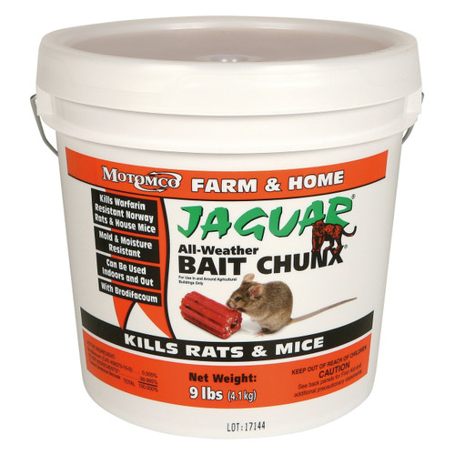 Especially successful in cleaning out tough rat and mice infestations, this 18 lb pail of Motomco Jaguar All-Weather Rat Bait Chunx is just what you need when warfarin resistance is suspected. Mold and moisture-resistant, bait chunx can kill rats and mice in a single feeding.

Contains Brodifacoum, the strongest single-feeding anticoagulant available. For use in and around agricultural buildings only. Each Chunx weighs 20 grams.