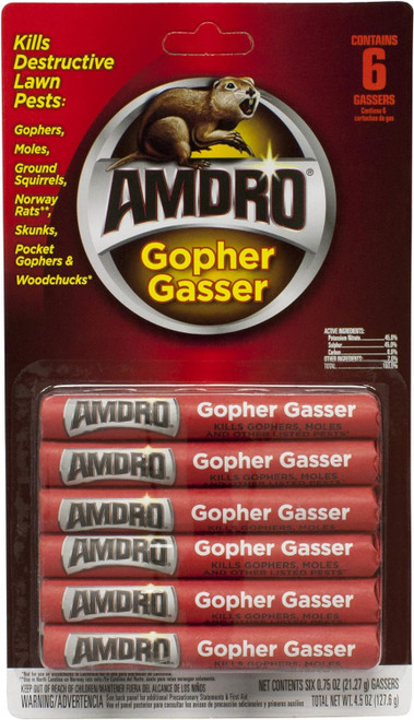 The AMDRO Gopher Gasser kills pocket gophers, moles, ground squirrels, skunks, Norway rats* and woodchucks.** The toxic gases produced travel through unplugged burrow systems to kill pests. Gassers come in a cylinder form small enough to penetrate under-ground tunnels and burrow systems. Gassers can be used to treat pest problems in lawns, golf courses and even gardens.