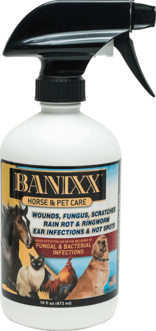 Keep your horse and pets in top shape with Banixx Horse & Pet Care spray. Recommended by veterinarians, this antimicrobial and anti-fungal spray for horses provides sting-free relief for horses and equids suffering from wounds, scratches, rain rot, abrasions, ringworm, fungal infections, hoof diseases and more. Its special formulation has no clinical odor or color so you won’t ever have to worry about it smelling up or staining your hands, horse, barn or trailer. Best of all, you don’t have to worry about special storage conditions: this antiseptic spray for animals remains viable in all weather conditions ranging from freezing to hot and humid, making it ideal for storing in the barn or trailer. Just identify the affected area, apply Banixx on a daily basis, leave it on, and wait for the desired result. Relief really can be that simple.
Key Details:

Provides immediate relief in the recovery of scratches, rain rot, thrush & white line disease, ear infections, hot spots, ringworm, cuts, rashes & sores, and any bacterial and fungal infections.
Color-free, odor-free formulation facilitates recovery without the stains or unpleasant clinical smells that linger for hours after application.
Clinically proven safe around the eye, nose & mouth
All-weather tolerant and remains viable after being exposed to freezing or high heat, meaning you don’t have to worry about special storage conditions
Made in the USA without using steroids, alcohol, or fragrances