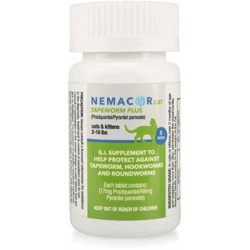 Nemacor Cat Tapeworm Plus is a G.I. supplement that can assist in removal of Hookworms, Roundworms, and Tapeworms in cats. Tablets are small, scored and flavoring is vanilla/yeast.