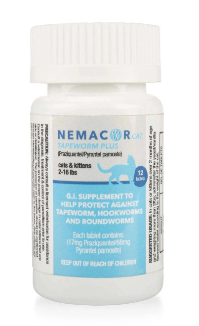 Nemacor Cat Tapeworm Plus is a G.I. supplement that can assist in removal of Hookworms, Roundworms, and Tapeworms in cats. Tablets are small, scored and flavoring is vanilla/yeast.